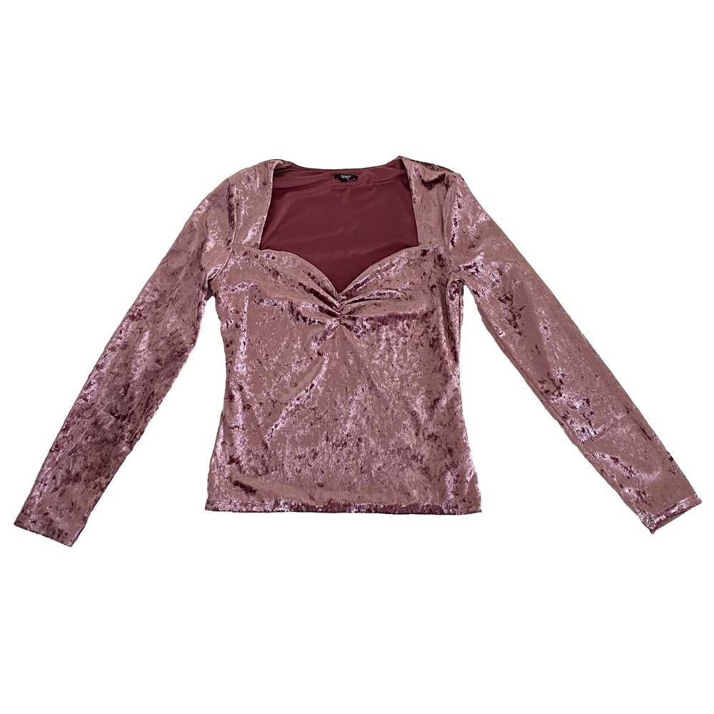 Express Body Contour S Pink Crushed Velvet Top Sweetheart Babydoll Neck L/S